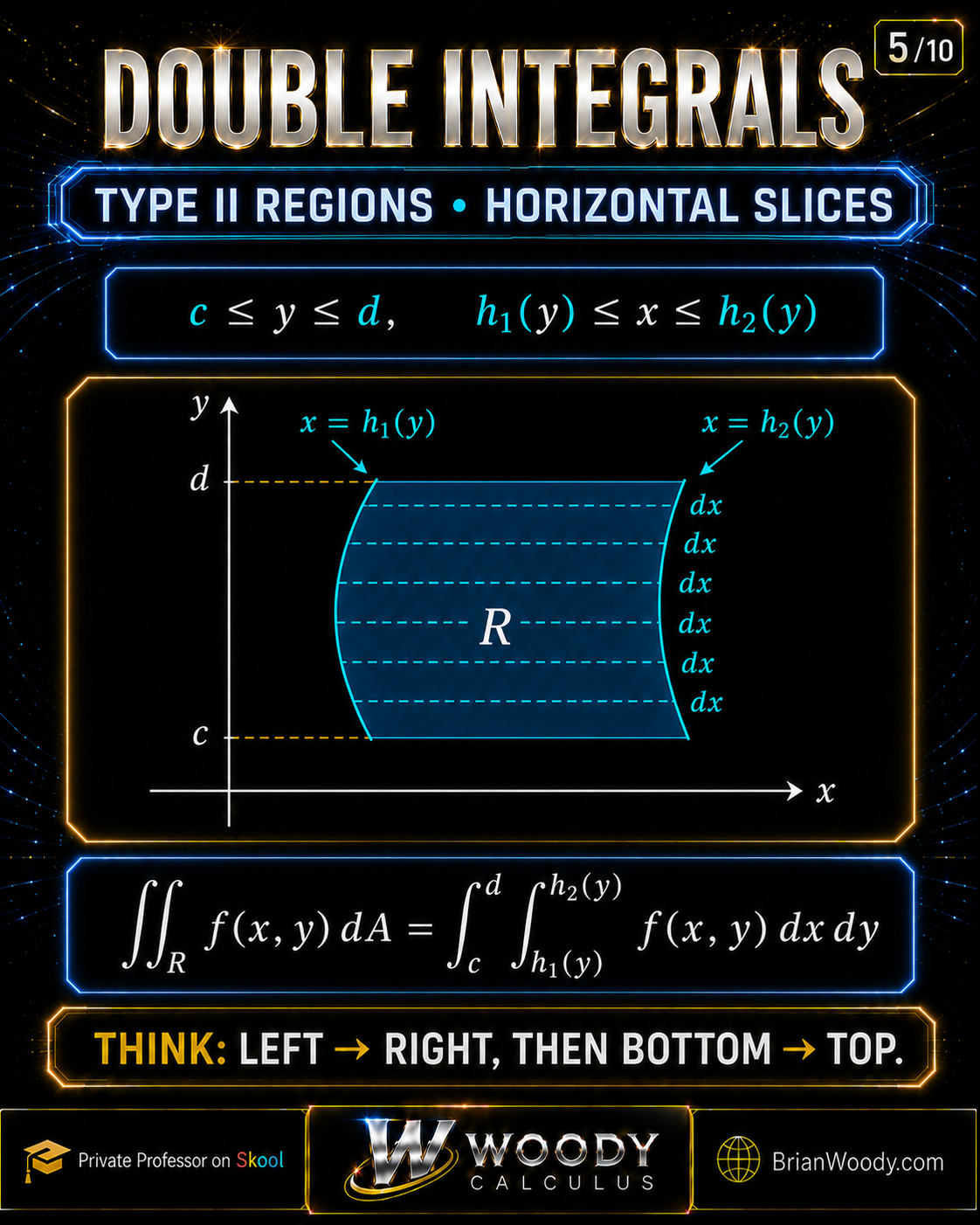 Slide 5 of 10 defining a Type II region with y between constants and x between left and right functions of y, illustrated with horizontal slices.
