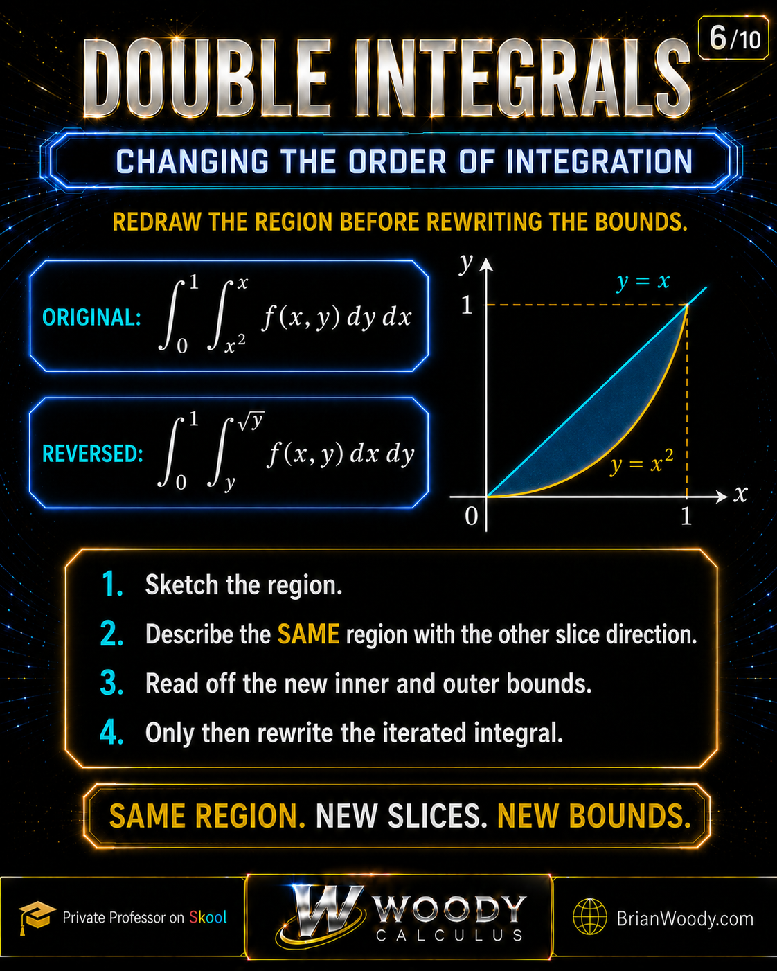 Slide 6 of 10 reversing the order of integration for the region between y equals x squared and y equals x from zero to one.