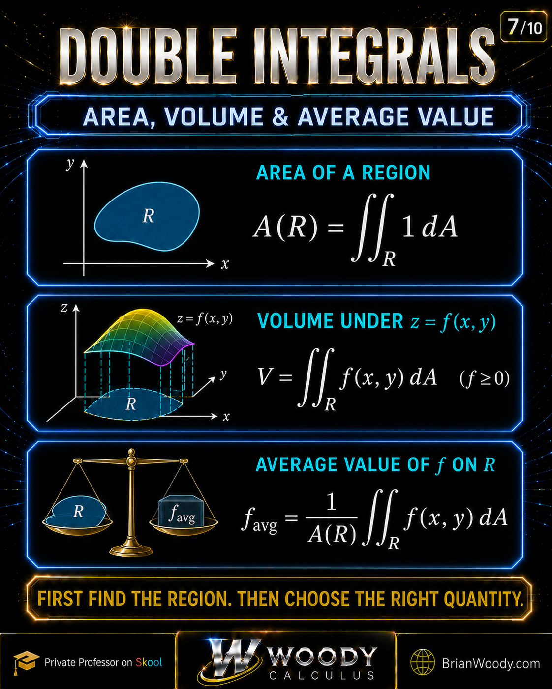 Slide 7 of 10 showing formulas for area of a region, volume under a nonnegative surface, and average value of a function using double integrals.
