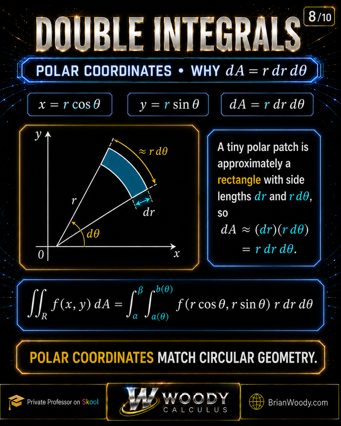 Slide 8 of 10 explaining x equals r cosine theta, y equals r sine theta, and why the polar area element is dA equals r dr dtheta.