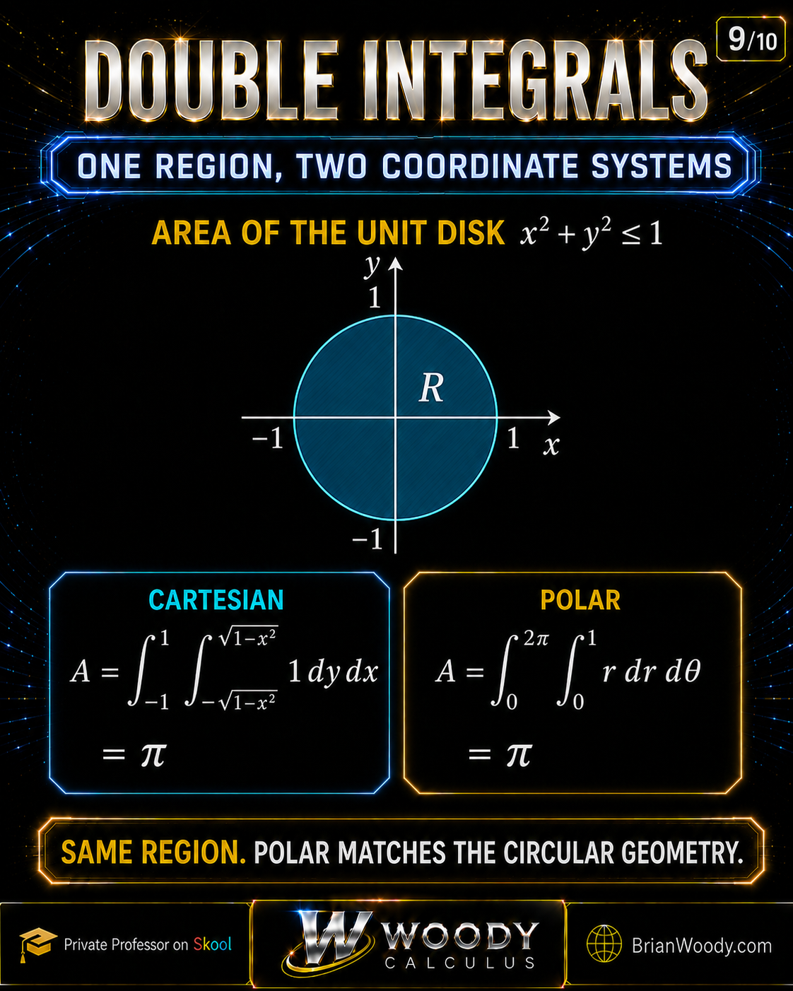 Slide 9 of 10 comparing Cartesian and polar double-integral setups for the area of the unit disk, with both methods giving pi.