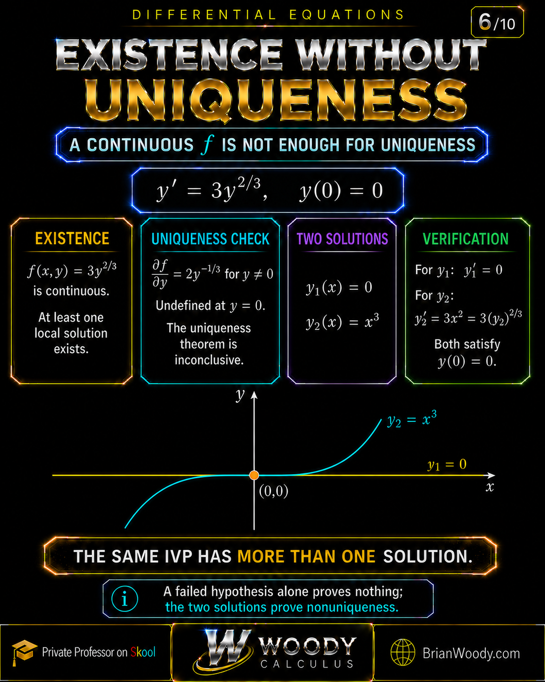 Nonunique IVP example showing that y = 0 and y = x³ both solve y′ = 3y^(2/3), y(0) = 0.