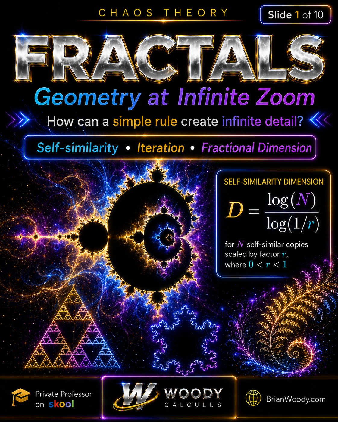 Fractals overview infographic with a Mandelbrot set, Sierpinski triangle, recursive branching, infinite zoom imagery, and the self-similarity dimension formula.