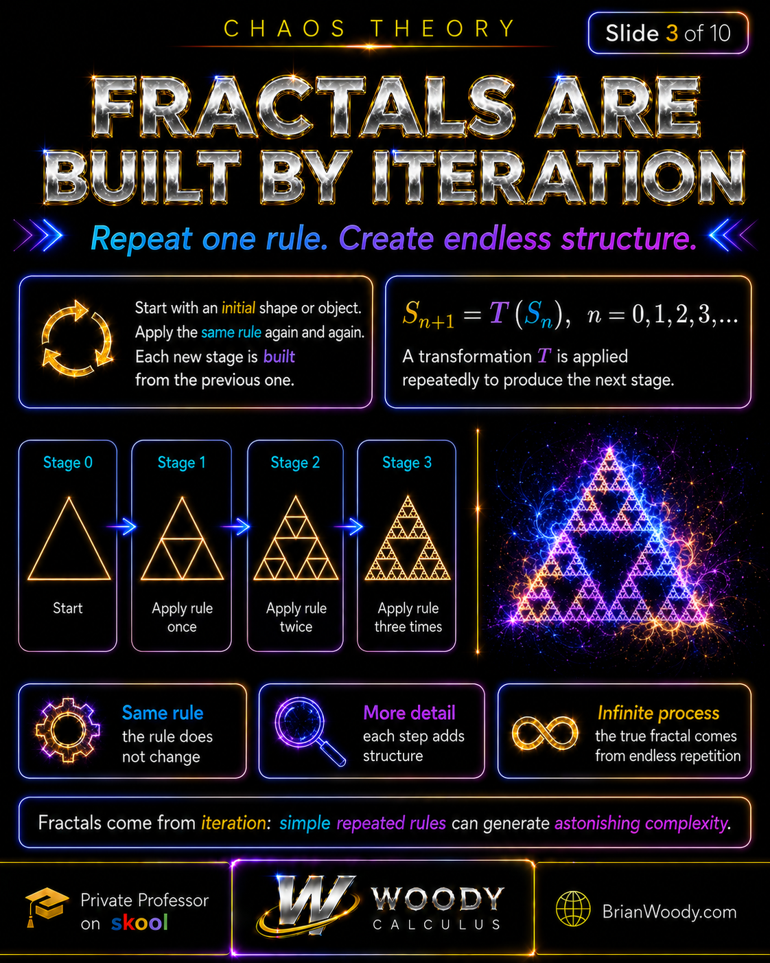 Iteration infographic showing the recurrence S sub n plus one equals T of S sub n and successive stages of a Sierpinski triangle.