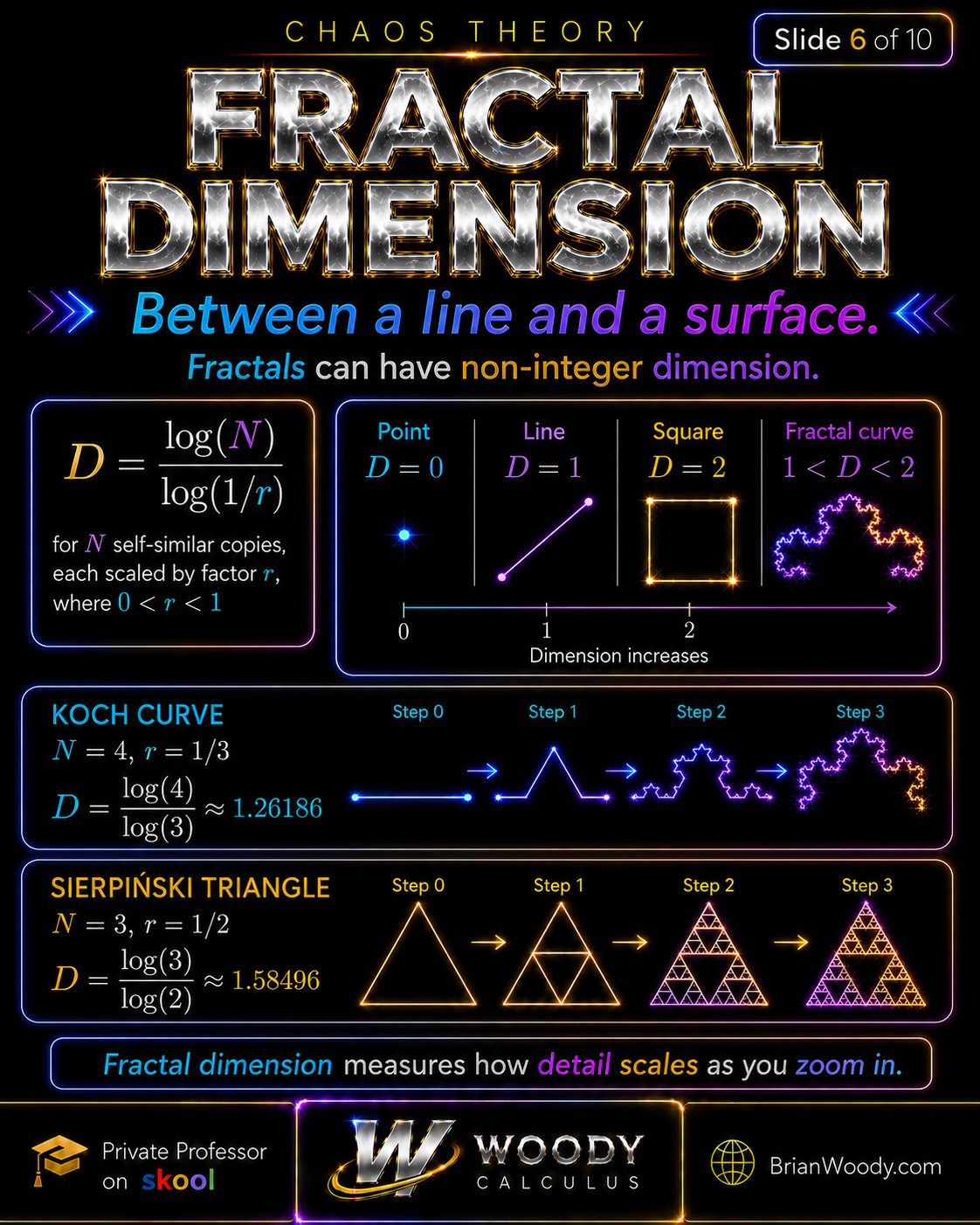 Fractal dimension infographic comparing point, line, square, and fractal dimensions with Koch curve and Sierpinski triangle calculations.