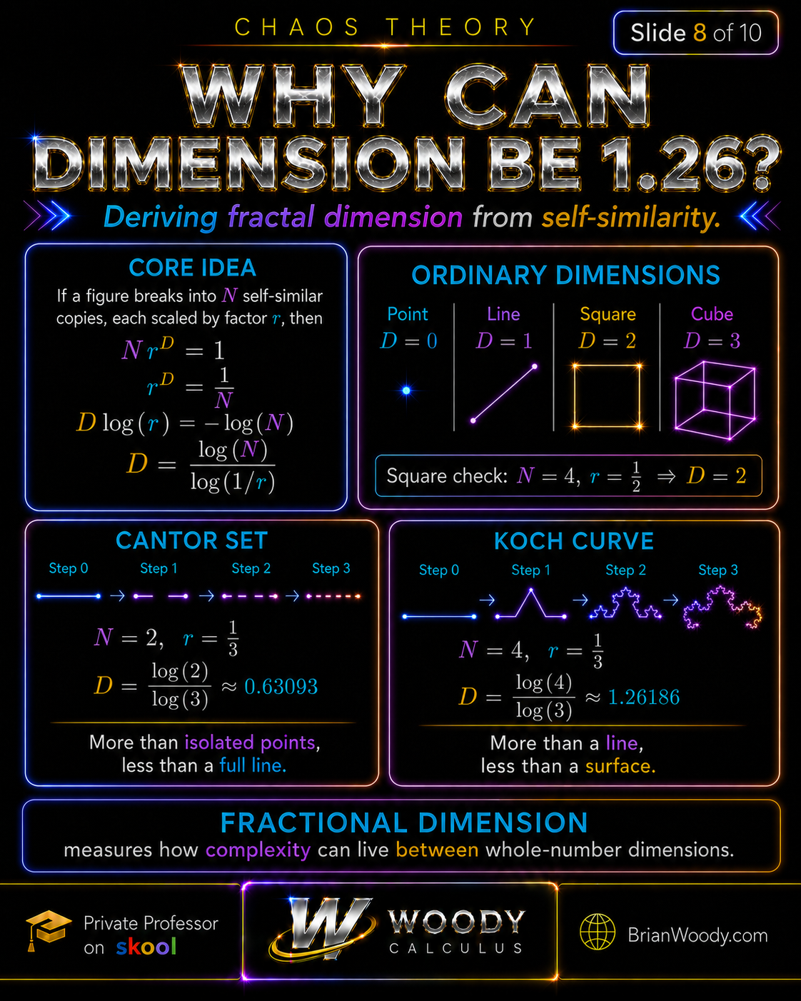 Derivation of similarity dimension from N times r to the D equals one, with collinear Cantor set stages and Koch curve stages.