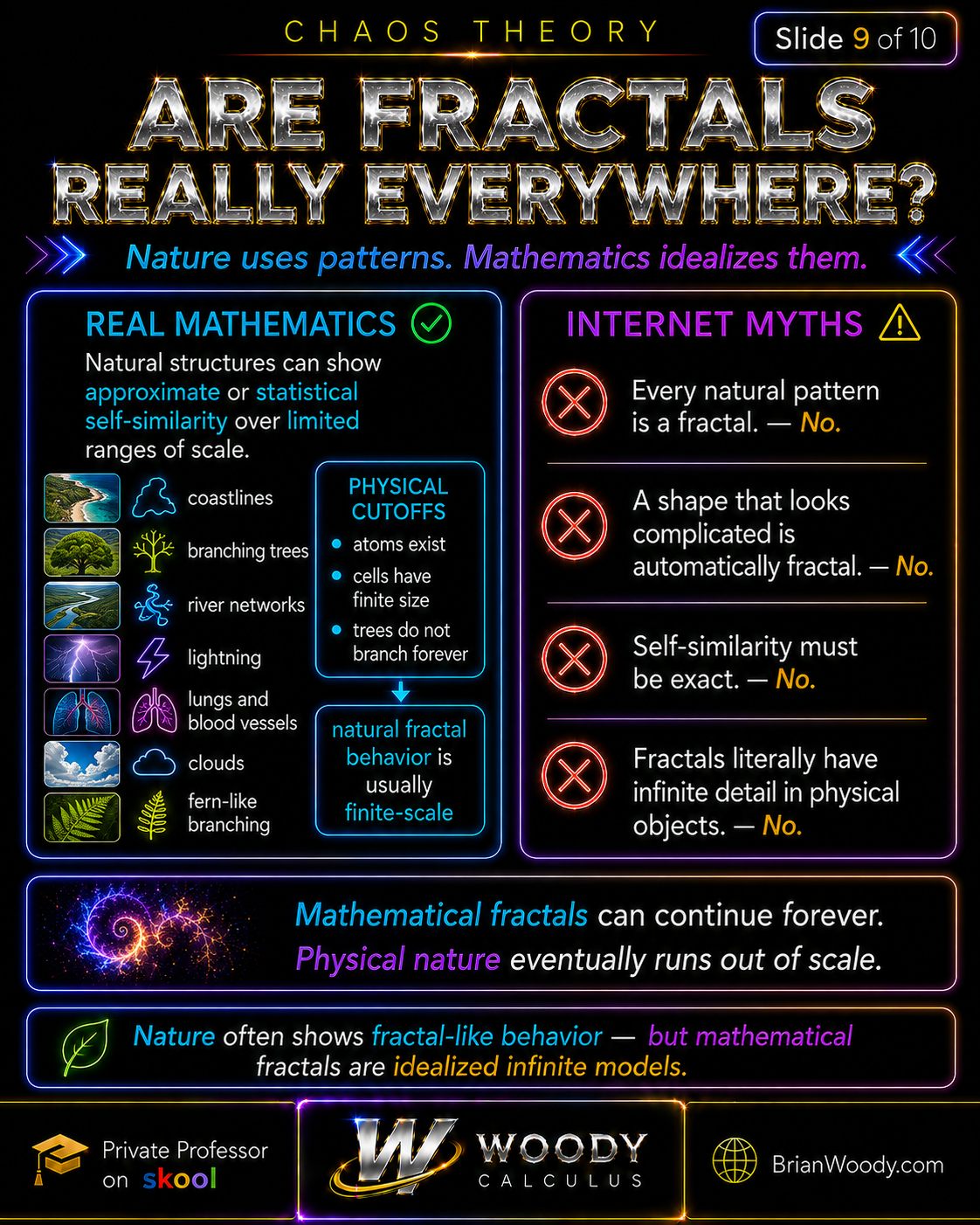 Fractals in nature myth-busting infographic comparing finite-scale natural patterns with exaggerated claims about infinite physical self-similarity.
