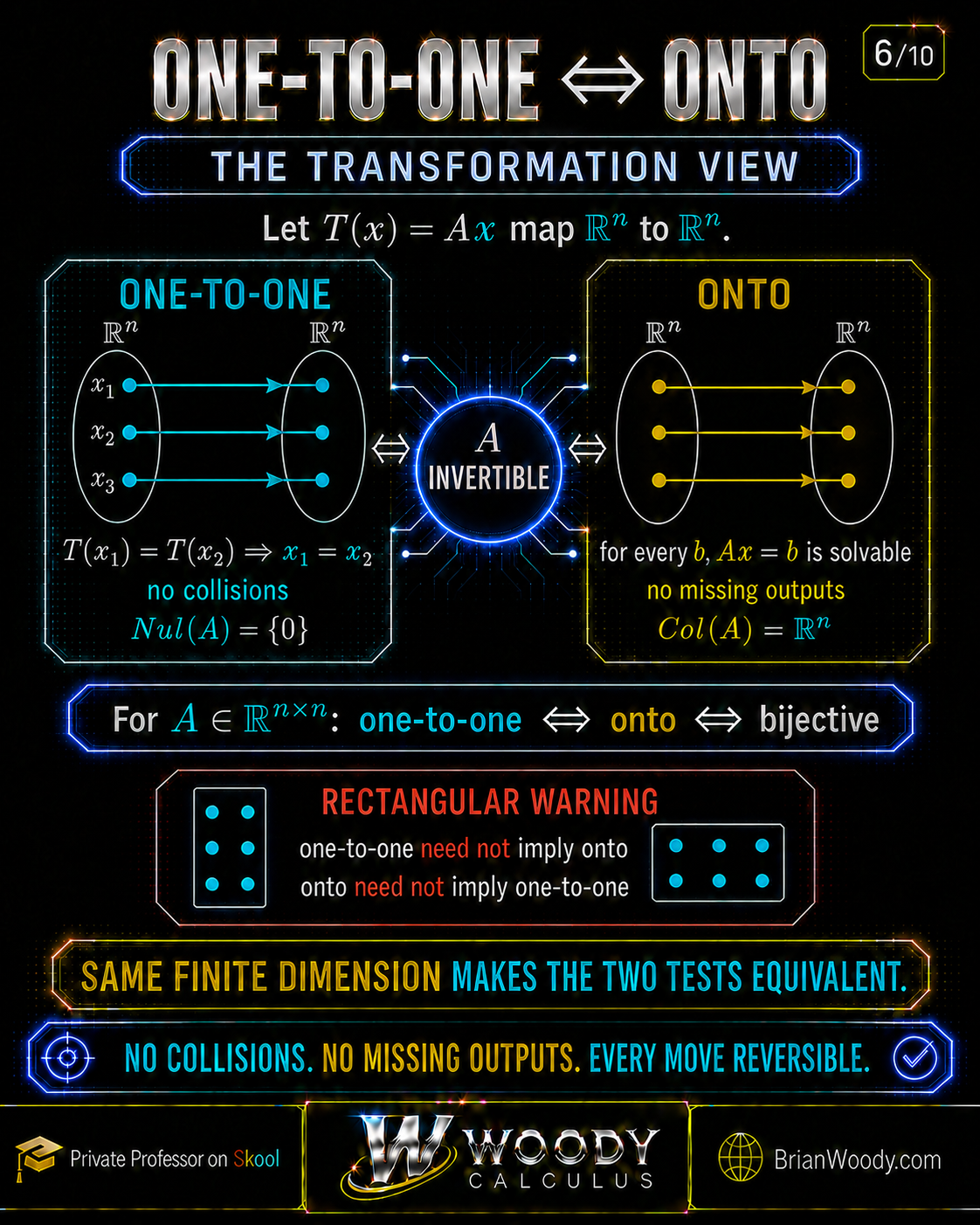 One-to-One, Onto, and Bijective Linear Transformations Mapping diagrams for one-to-one and onto linear transformations from R n to R n, plus a rectangular-matrix warning showing that injective and surjective are not equivalent when dimensions differ.