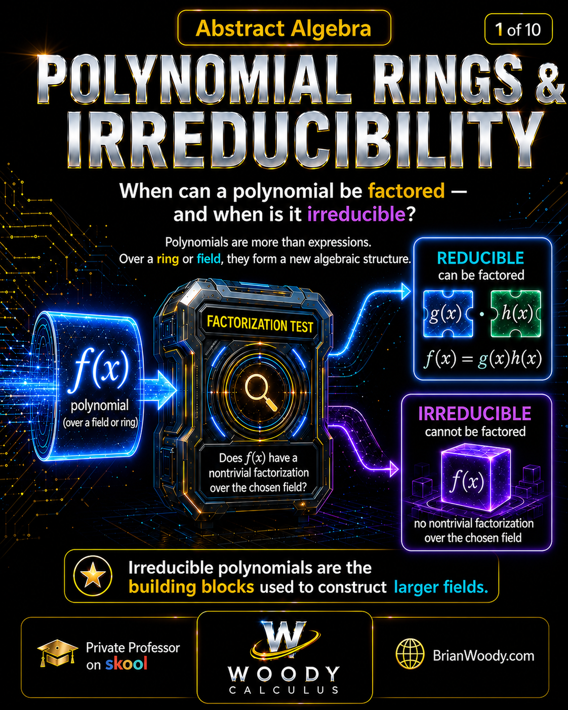 Polynomial rings and irreducibility Abstract Algebra infographic contrasting reducible factorization f(x)=g(x)h(x) with an irreducible polynomial that has no nontrivial factorization over the chosen field.