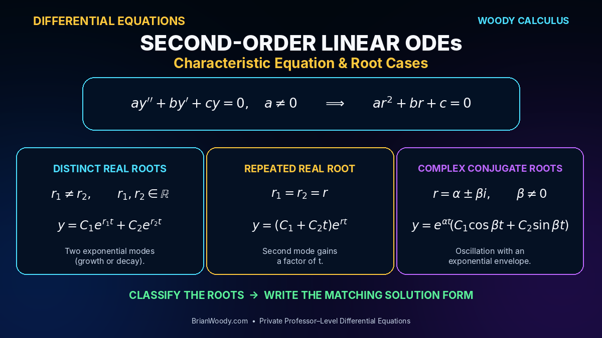 Woody Calculus decision map for second-order linear differential equations showing the characteristic equation and the general solution forms for distinct real roots, repeated real roots, and complex conjugate roots.