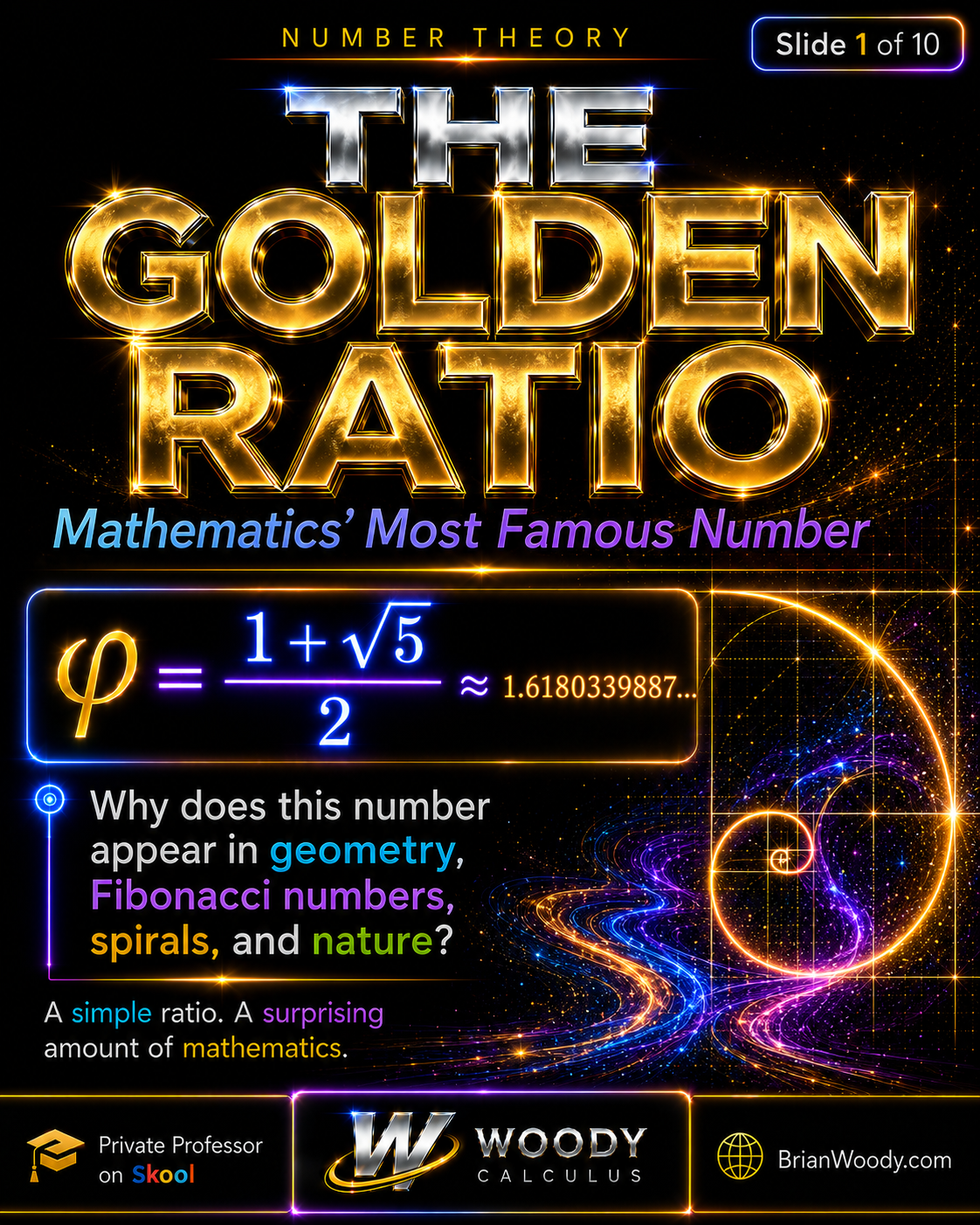 Golden Ratio infographic showing φ=(1+√5)/2≈1.6180339887, a glowing golden rectangle and spiral, and connections to geometry, Fibonacci numbers, spirals, and nature.
