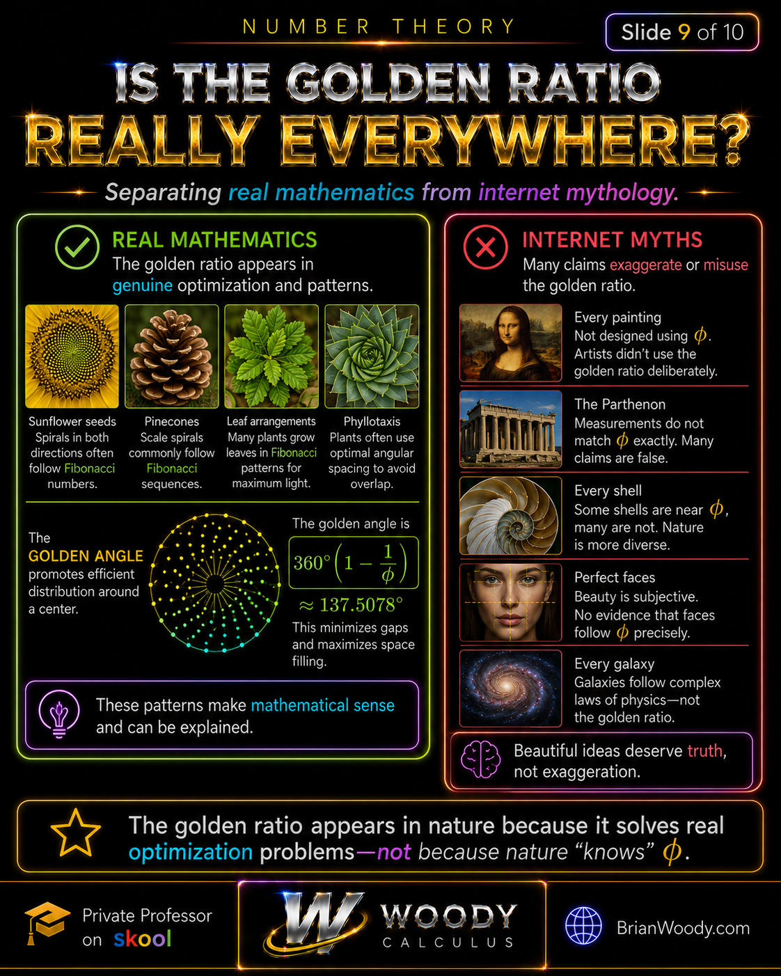 Golden-ratio myth-busting infographic comparing phyllotaxis, sunflower, pinecone, and leaf patterns with exaggerated claims about art, architecture, shells, faces, and galaxies, including the golden angle formula.