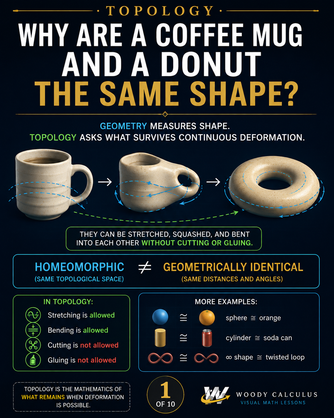 Topology infographic showing an idealized coffee mug continuously deforming into a donut-shaped torus, illustrating homeomorphism without cutting or gluing.