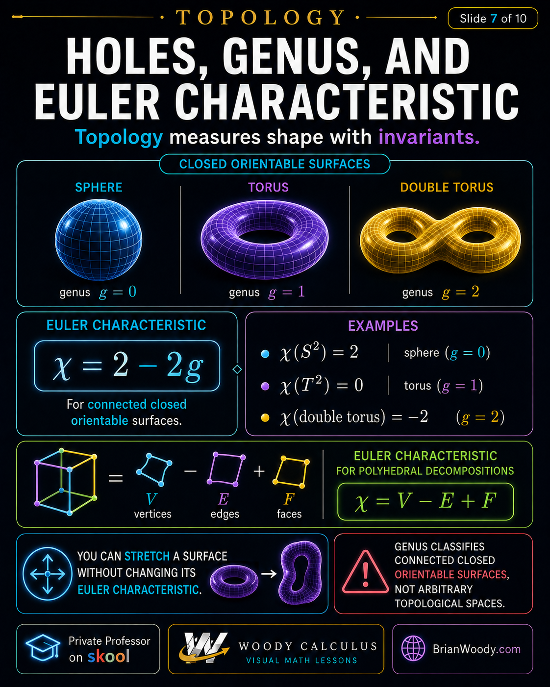 Topology infographic showing sphere genus zero, torus genus one, double torus genus two, Euler characteristic chi equals two minus two g, and V minus E plus F.