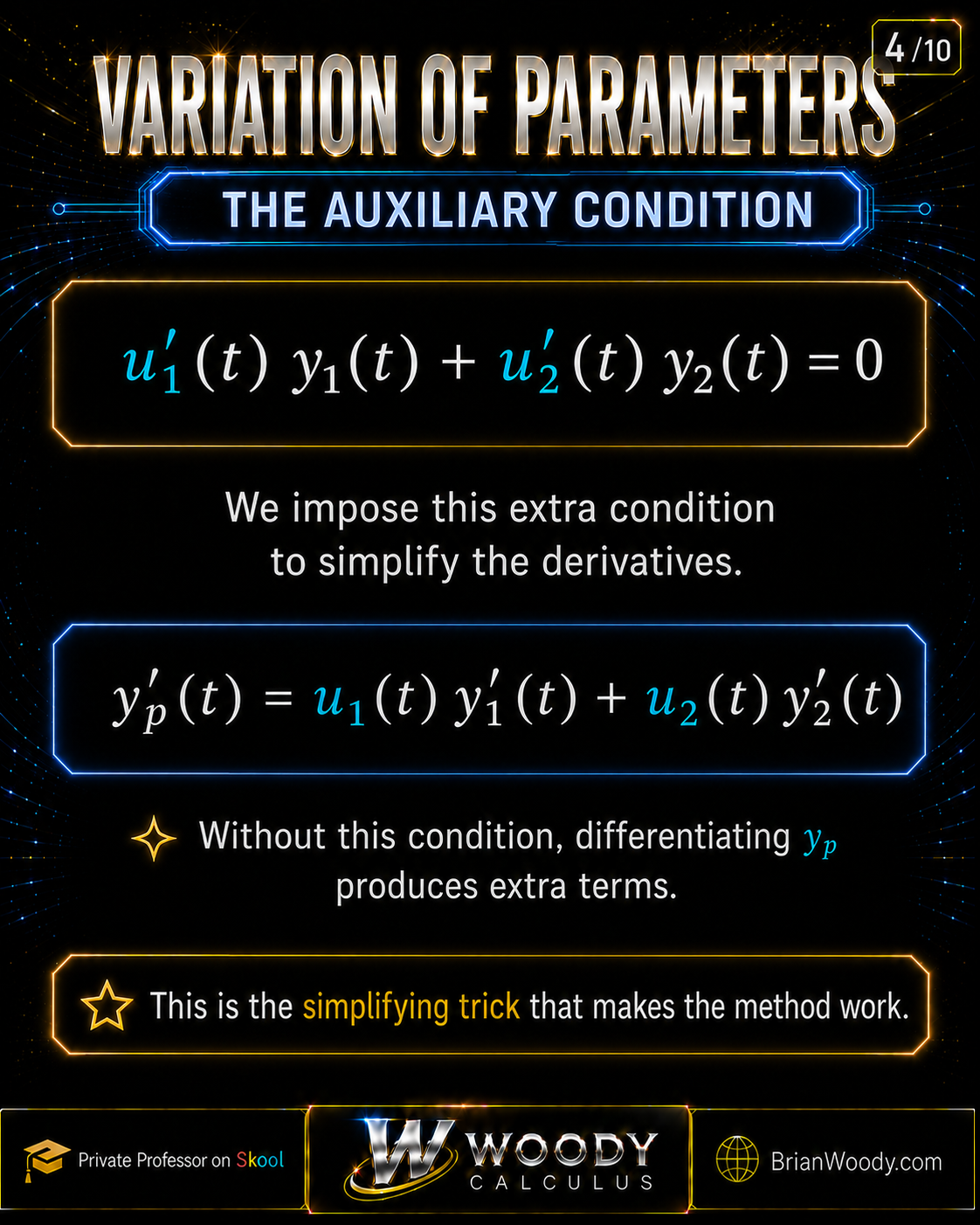 Variation of Parameters slide imposing the auxiliary condition u1' y1 + u2' y2 = 0 so the derivative of yp simplifies.