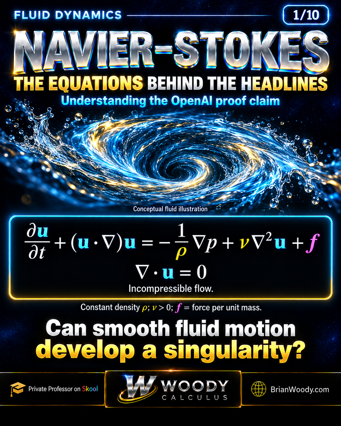 Navier–Stokes momentum and incompressibility equations beside a conceptual fluid vortex and a question about singularities.