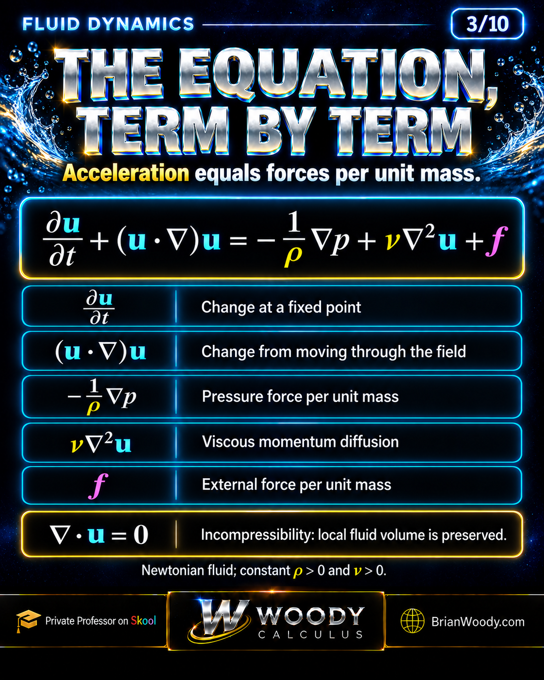 Five Navier–Stokes terms identify local change, transport, pressure, viscous diffusion, and external force per unit mass.