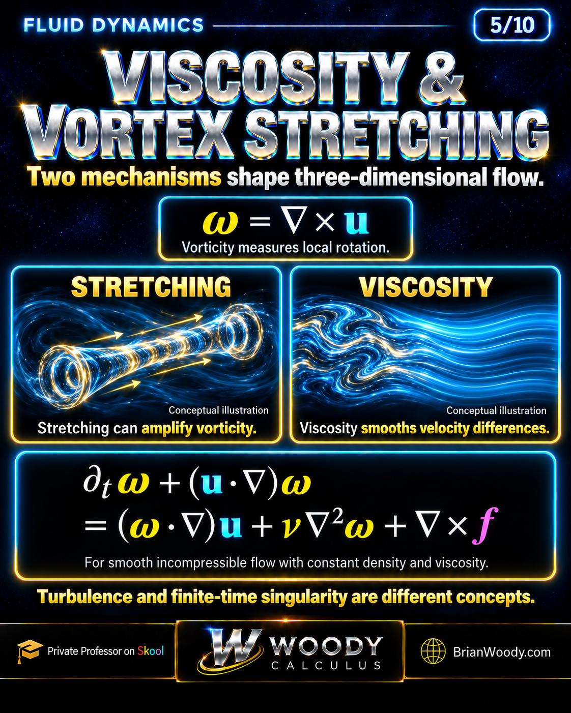 Vorticity as curl of velocity, conceptual stretching and smoothing panels, and the forced vorticity transport equation.