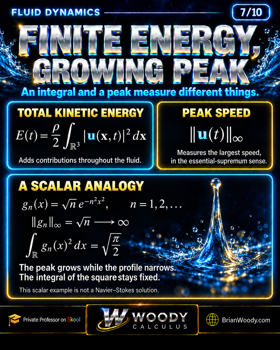 Kinetic energy and peak speed are compared with a Gaussian sequence whose growing peak has a fixed squared L2 norm.
