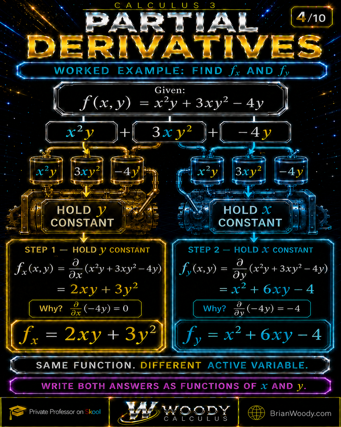 Worked partial derivatives of x squared y plus 3xy squared minus 4y with respect to x and y.