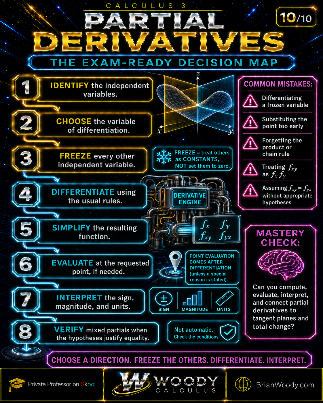 Eight-step partial derivatives decision map with common mistakes and an exam-ready mastery check.