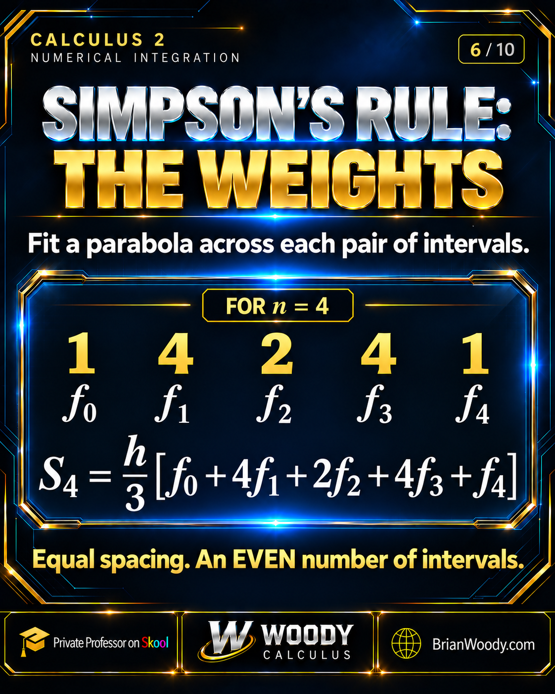 For four subintervals, Simpson’s weights are 1, 4, 2, 4, 1. S₄ = (h/3)(f₀ + 4f₁ + 2f₂ + 4f₃ + f₄). Use equal spacing and an even number of subintervals.