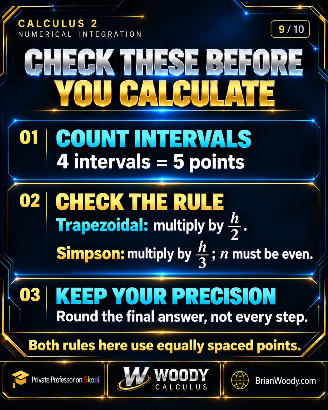 Checklist: four subintervals mean five points. Use h/2 for the trapezoidal rule and h/3 for Simpson’s rule. Simpson’s n must be even. Both formulas use equal spacing; round at the end.